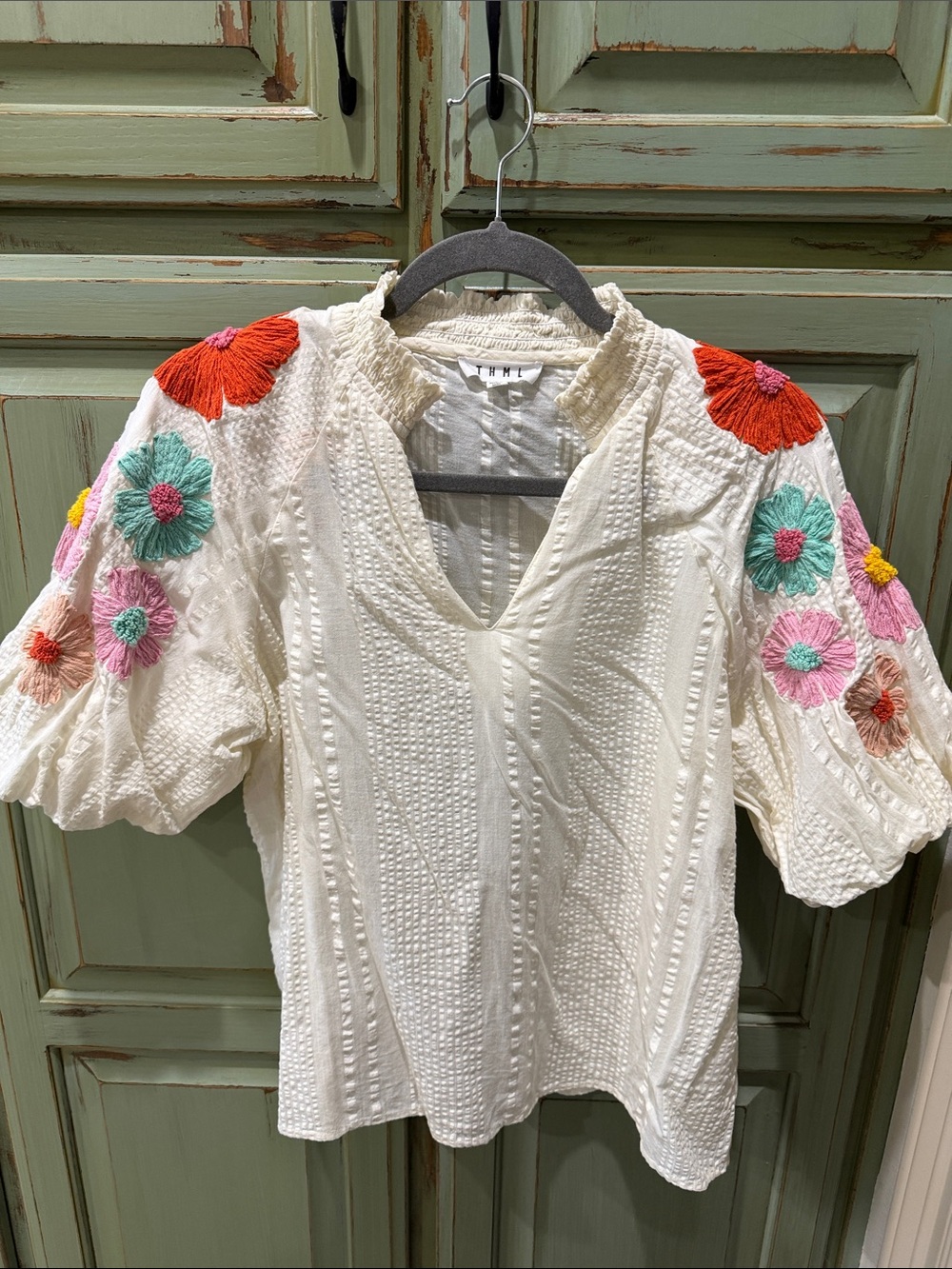 THML White Textured Puff-Sleeve Blouse with Multicolor Floral Embroidery - Picture 1 of 6